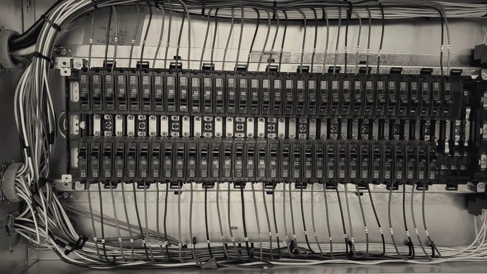 Close-up of a wired electrical panel